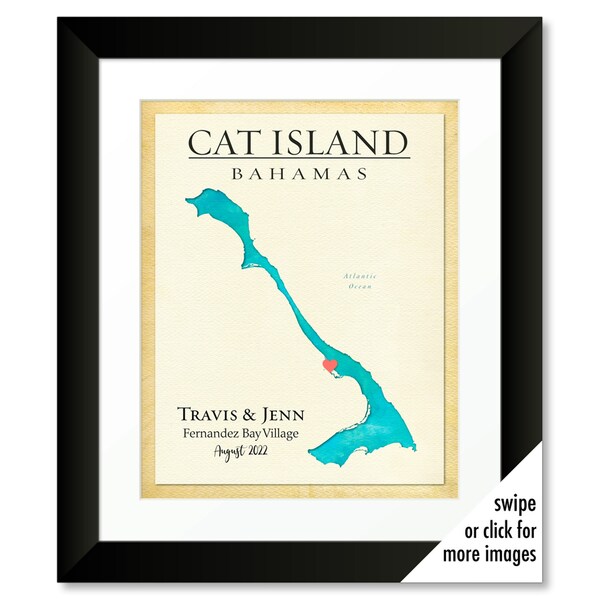 Cat Island Map, Bahamas Honeymoon Keepsake Map Canvas , Bahamas Island Wedding Personalized Map Art