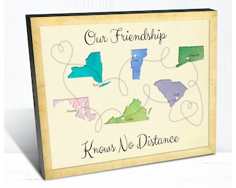 6 Place Friend Map, Gift for Long Distance Best Friends, College Friends Personalized Gift