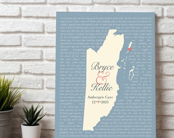 Belize Wedding Gift Idea, Personalized Map of Belize with Song Lyrics, Anniversary Gift for Couple Who Went to Belize