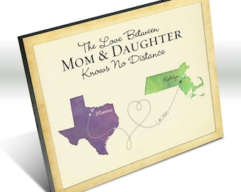 Long Distance Birthday Gift for Mother from Daughter, Love Knows No Distance Keepsake Map for Mom, MA to TX Moving Gift for Mom