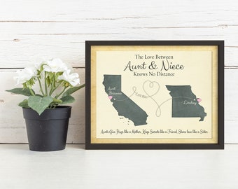 Auntie & Nieces Long Distance Gift, Personalized 2 Places Map Art Gift for Niece, Long Distance Gift, Birthday Gift Idea, Going Away Gift