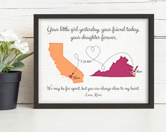 Sentimental Distance Gift for Mom from Daughter, 2 Places Map Gift for Mothers Day