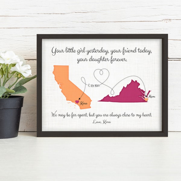 Sentimental Distance Gift for Mom from Daughter, 2 Places Map Gift for Mothers Day