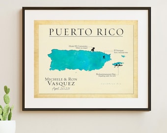 Personalized Puerto Rico Map Print: Wedding, Honeymoon Keepsake