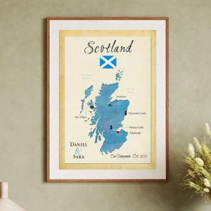Our Trip to Scotland Keepsake Map, Honeymoon in Scotland Map Art, Scotland Anniversary Trip Memento, Customized Scotland Tour Map Gift