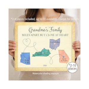 Long Distance Family Map Gift for Grandma – Personalized Map with 2 to 10 Locations