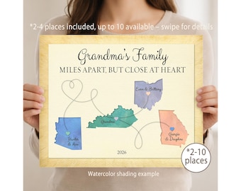 Long Distance Family Map Gift for Grandma – Personalized Map with 2 to 10 Locations