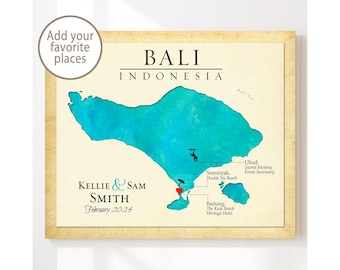 Personalized Map of Bali Indonesia – Wedding, Honeymoon, Travel Keepsake