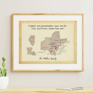Mapa de dónde vive nuestra familia Mapa de recuerdo para padres, abuelos, mapas de ubicaciones familiares Regalo para abuela, abuelo