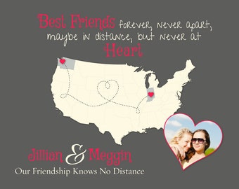 Friendship Maps, Best Friend Moving Away Gift, Long Distance Friendship Gift, Birthday Gift for Friend, Friendship Quote