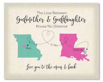 Personalized Goddaughter Gift, Gift for Godmother, Long Distance Map Print, Baptism Gift for Goddaughter, First Birthday Gift Print Idea