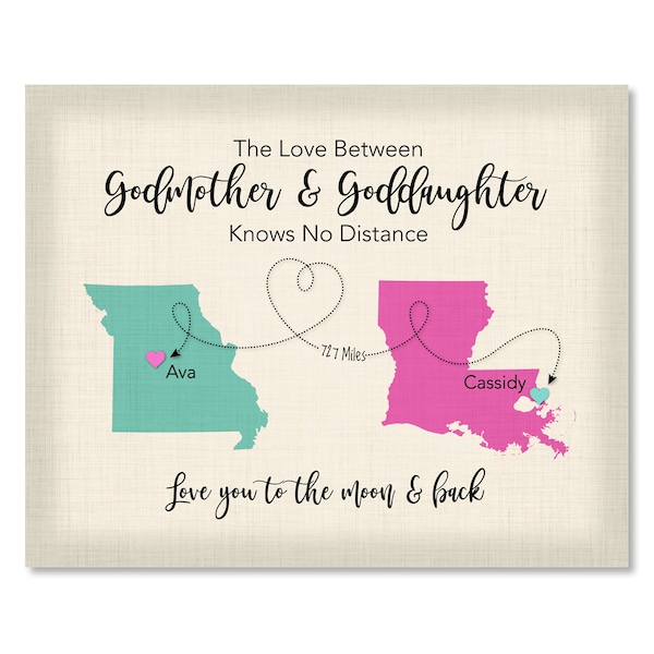 Personalized Goddaughter Gift, Gift for Godmother, Long Distance Map Print, Baptism Gift for Goddaughter, First Birthday Gift Print Idea