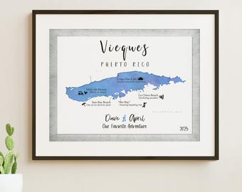 Vieques Map Art: Personalized Travel Map, Wedding Memento