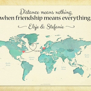 Cadeau longue distance pour le meilleur ami, L’amitié signifie tout Citation, Cadeau d’anniversaire pour ami, Toile d’art de la carte du monde, Cadeau de départ