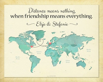 Long Distance Gift for Best Friend, Friendship Means Everything Quote, Birthday Gift for Friend, World Map Art Canvas, Going Away Gift