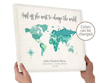 And Off She Went – Personalized World Map Art – Inspirational Graduation Gift