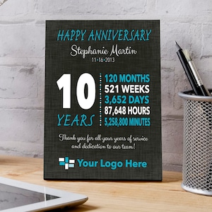 10 Year Work Anniversary Gift, Service Award Plaque, Employee Appreciation Gift, Gift for Coworker, Company Gift Canvas