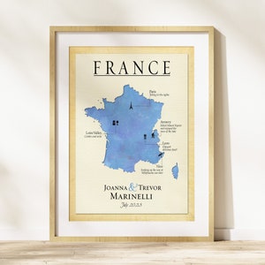 Map of France Trip, Personalized France Country Map, Honeymoon in France Gift, Paris Anniversary Gift, France Vacation Memento