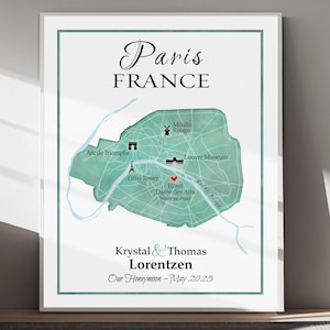 Personalized Map of Paris, Paris Honeymoon Keepsake Map, Paris Travel Souvenir, Paris Map Gift for Newlyweds, Paris Study Abroad Keepsake