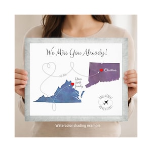 May include: A rectangular print featuring a watercolor map of Virginia in blue and Connecticut in purple. Text reads We Miss You Already!, 360 Miles, Your work family, Christina, and Have a Great Adventure! with a heart and airplane icon.