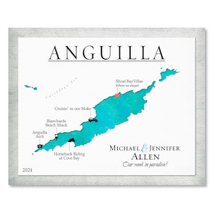 Anguilla Map Personalized for Couple, Anguilla Honeymoon Keepsake Map, Travel Keepsake from Anguilla, Anguilla Holiday Memento Map