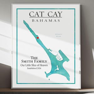 May include: A watercolor map of Cat Cay, Bahamas, with a red heart marking a location. The text "THE SMITH FAMILY Our Little Slice of Heaven Established 2024" is below the map.