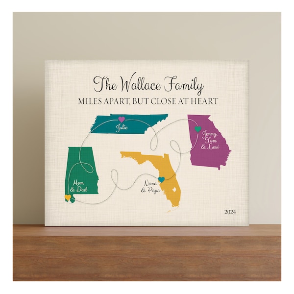 Miles Apart but Close at Heart, Long Distance Family Gift, 4 Places Map Canvas for Parents, Grandma, Nana