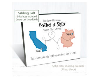 Brother Sister Map Gift – Long Distance Sibling Keepsake – 2 to 4 Places