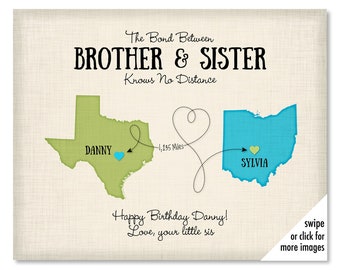 Brother Sister Distance Gift, Long Distance Gifts to Brother, Birthday Gift, Moving Away Gift, Custom Map Art