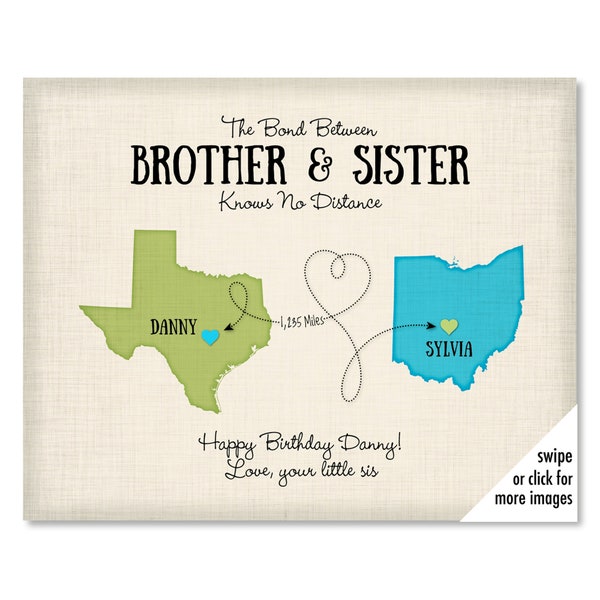 Brother Sister Distance Gift, Long Distance Gifts to Brother, Birthday Gift, Moving Away Gift, Custom Map Art