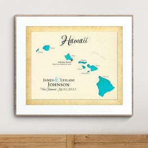 Personalized Map of Hawaii, Hawaii Map Art Gift, Hawaii Wedding Gift, Anniversary Gift Idea, Gift for Couple, Travel Gift Idea, All Islands