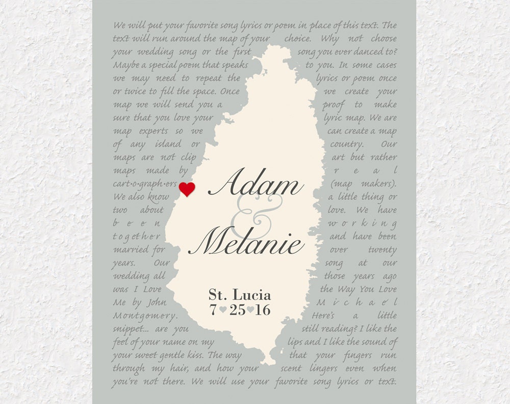 St. Lucia Wedding Anniversary Gift Map Personalized Keepsake - Etsy