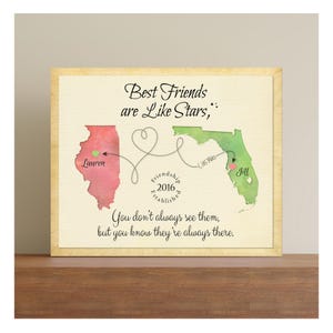 Best Friends Are Like Stars Going Away Gift for Best Friend, Personalized Friend Map Gift, Two Places Map Gift For BFF in a Different State