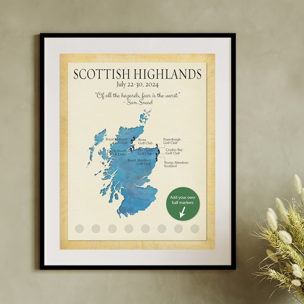 Scotland Golf Map, Golf Keepsake Map Gift, Scotland Golf Trip Keepsake, Custom Golf Tour Map