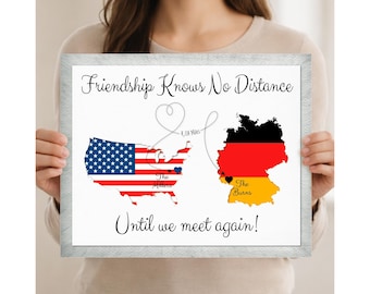 Personalized US & Germany Friendship Map Print: Moving Away Gift