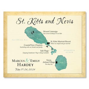 Map of St. Kitts, Map of Nevis, St. Kitts and Nevis Honeymoon Gift/Wedding Gift, Personalized Memento of St. Kitts and Nevis Vacation