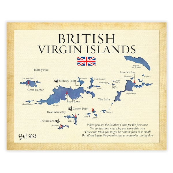 Custom Map of the British Virgin Islands, Gift to our Captain Cruise Map, Travel Gift Idea, Honeymoon Keepsake