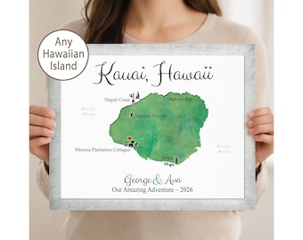 Personalized Hawaii Island Map Print – Wedding, Honeymoon, Travel Keepsake Map Art
