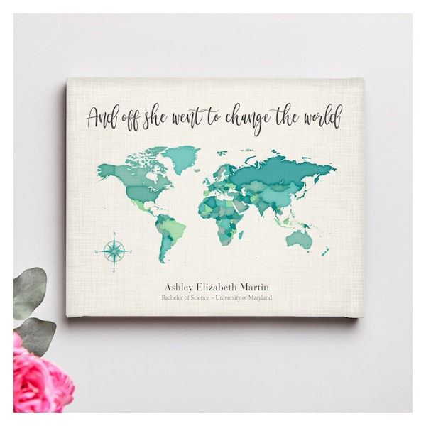 Graduation Gift for Her, And Off She Went to Change the World Personalized World Map Gift