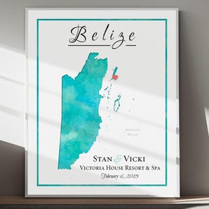 Belize Map Wedding Keepsake Gift, Belize Honeymoon Keepsake Map, Belize Vacation Souvenir Map, Personalized Belize Wall Map