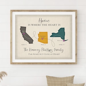 Christmas Gift for Long Distance Family Members, Home is Where the Heart Is Family Sign with Maps, Far Apart Family Map Gift