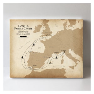 European Cruise Keepsake Map, Custom Keepsake Map of Spain, France, Italy, Our Cruise around Europe Souvenir Map