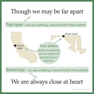 K&ouml;nnte beinhalten: Eine individuelle Kartengrafik mit dem Text Though we may be far apart und We are always close at heart. Sie zeigt zwei beige Staatssilhouetten mit schwarzen Herzsymbolen, Pfeilen zu Beschriftungen und erkl&auml;rendem Text zur Personalisierung.
