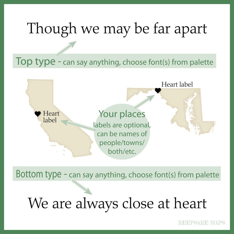 K&ouml;nnte beinhalten: Eine individuelle Kartengrafik mit dem Text Though we may be far apart und We are always close at heart. Sie zeigt zwei beige Staatssilhouetten mit schwarzen Herzsymbolen, Pfeilen zu Beschriftungen und erkl&auml;rendem Text zur Personalisierung.