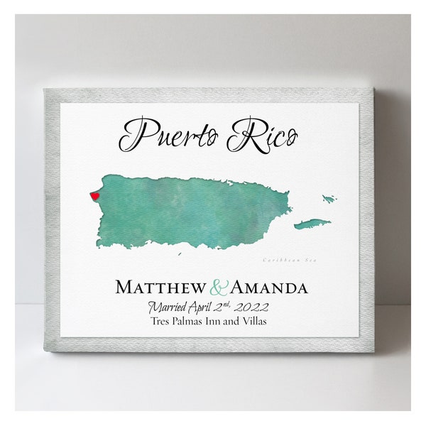 Puerto Rico Destination Wedding Memento, Puerto Rico Honeymoon Keepsake Map