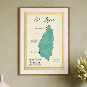 St Lucia Honeymoon Map, Saint Lucia Wedding Keepsake Map, Beautiful Wall Map of St Lucia, Map of St Lucia for a Vacation Home