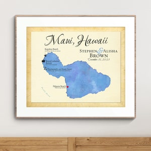 Maui Wedding Gift Map, Map of Maui Honeymoon, Personalized Travel Gift of the Island of Maui, Memento of Special Trip to Maui, Maui Map