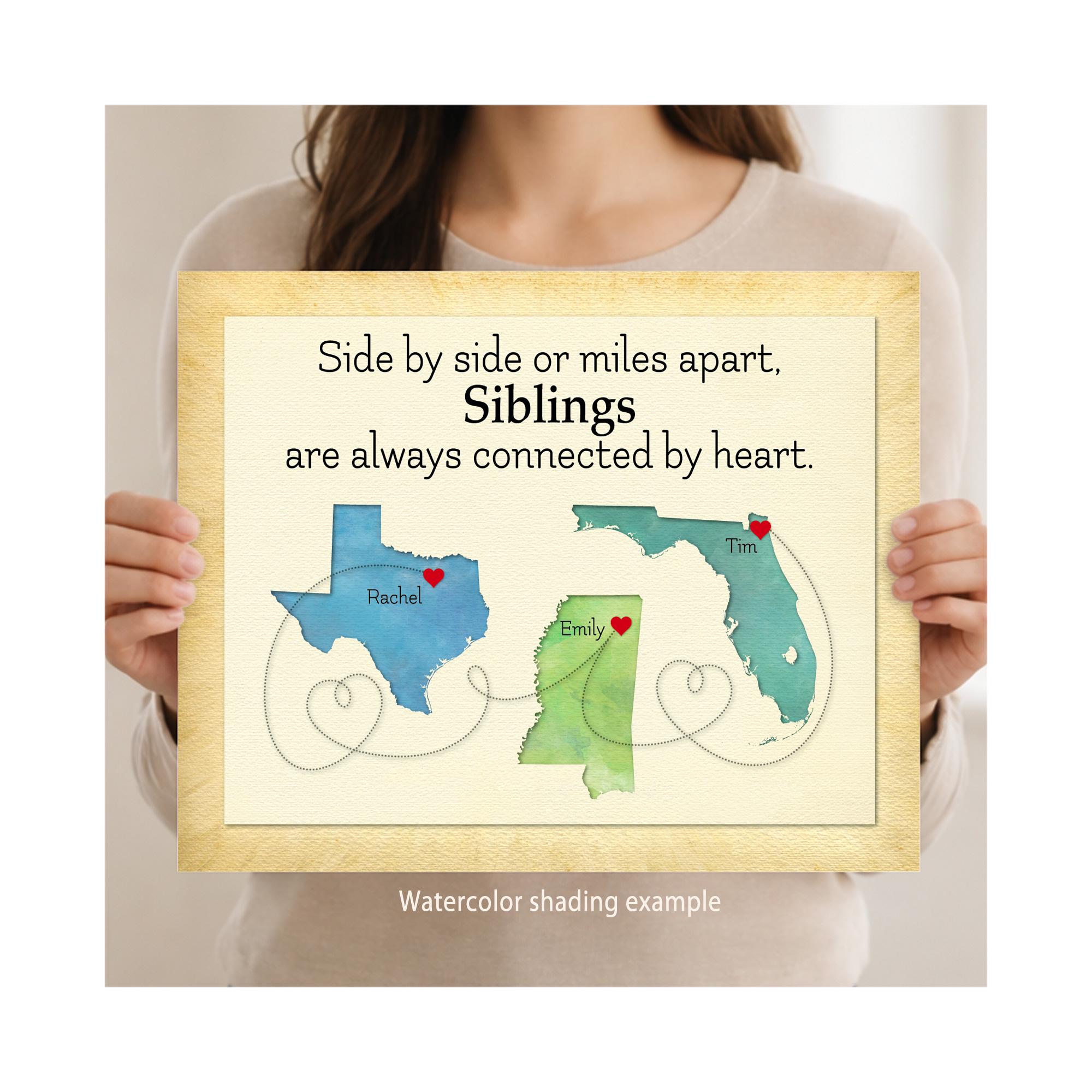 Long Distance Siblings Brother Sister Map Gift – Long Distance Sibling Keepsake – 2 to 4 ...