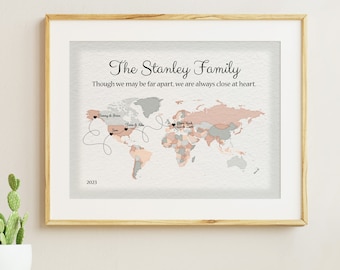 Military Family World Map Gift, Personalized Keepsake Map for Loved Ones Spread Across the Globe