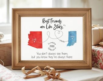 Best Friends Are Like Stars Going Away Gift – Two States Long Distance Map Art